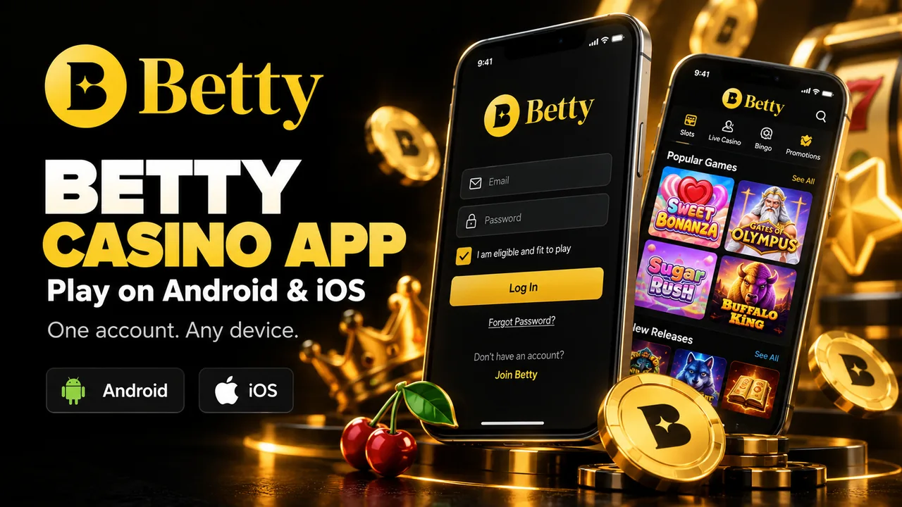 Betty Casino app on two smartphones showing the login form and the Popular Games lobby